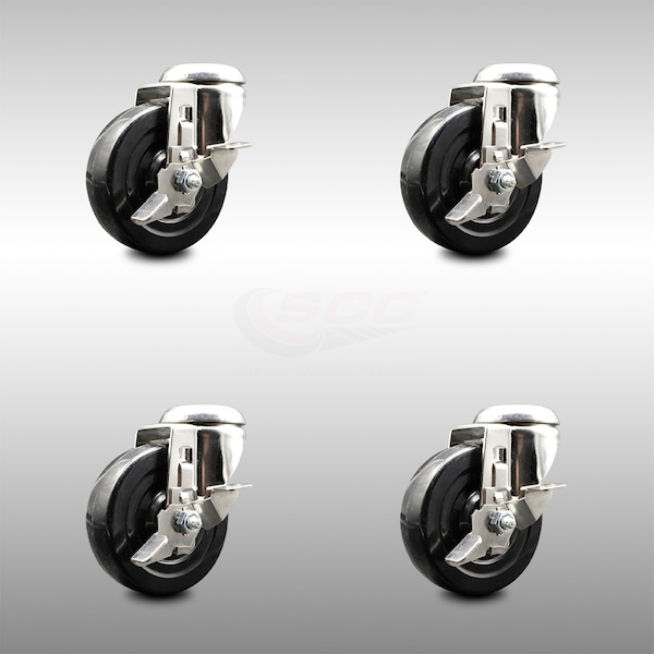 4 Inch 316SS Hard Rubber Wheel Swivel Bolt Hole Caster Set with Brake SCC